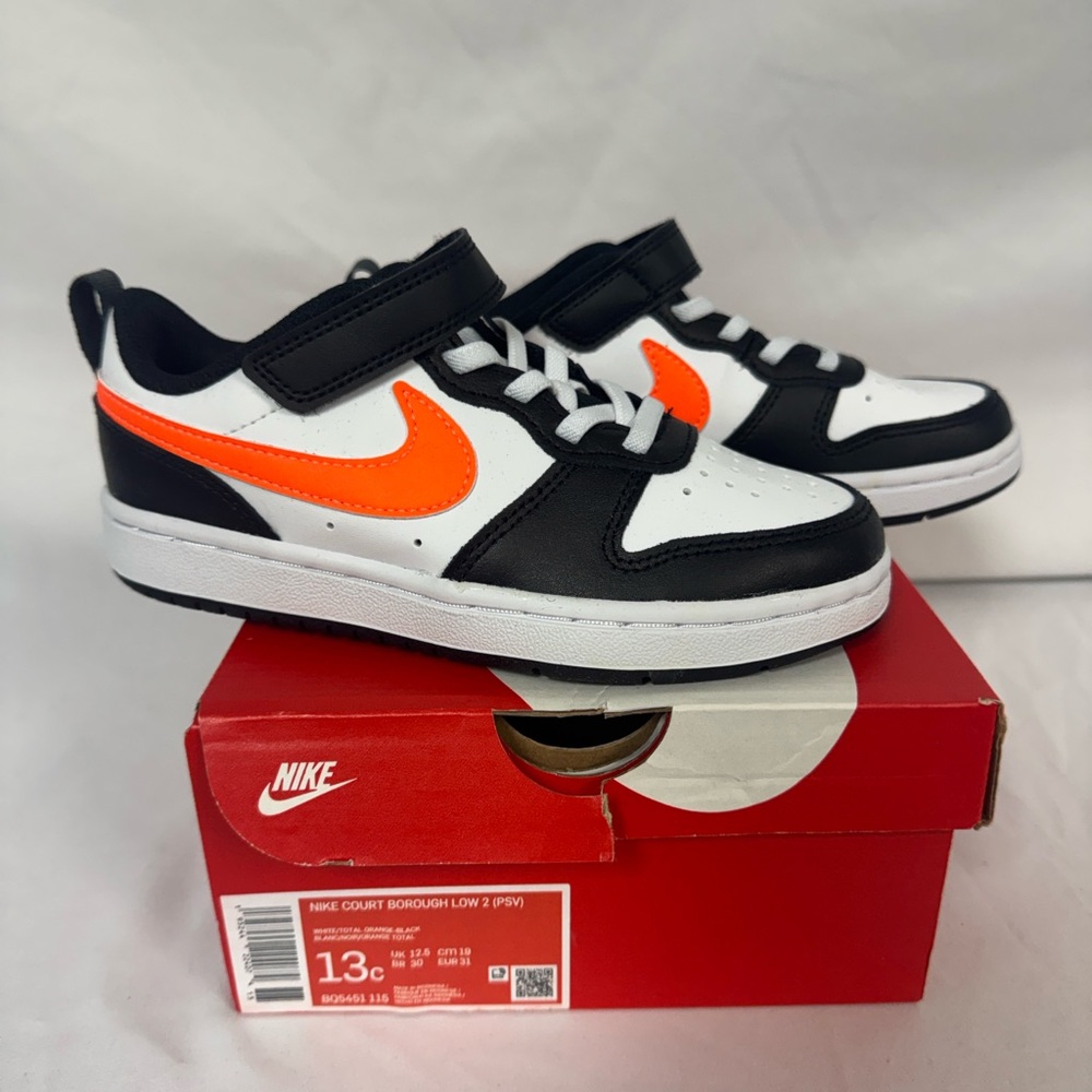 NEW Nike Court Borough Low 2 Kids' Sneakers Shoes, Black/White/Orange, Size 13c